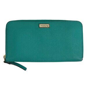 Kate Spade New York Teal Leather Zip-Around Wallet Gold Logo Hardware Womens